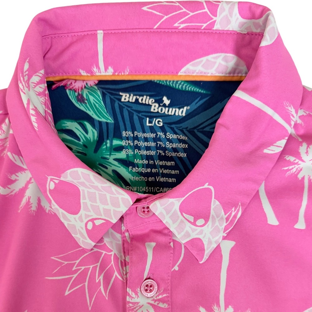 Birdie Bound Golf Polo Mens Large Pink Tropical Pineapple Palm Tree Performance